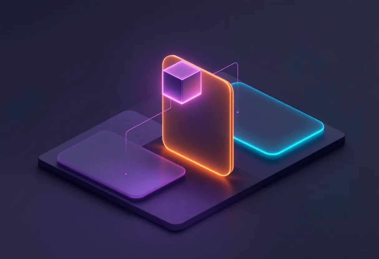 Dark isometric illustration of three upright glowing panels side by side, one dim purple, one glowing amber, one glowing teal, with a small glowing purple cube floating above them connected by thin matching lines.