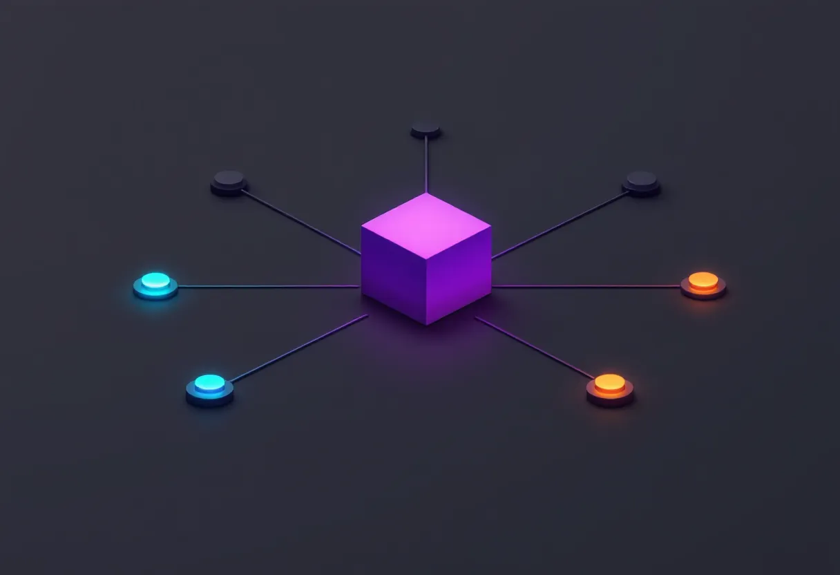 Dark isometric illustration of a glowing purple cube at the center of a spoke network, with thin lines radiating to small nodes, most unlit gray, two glowing teal and two glowing amber.