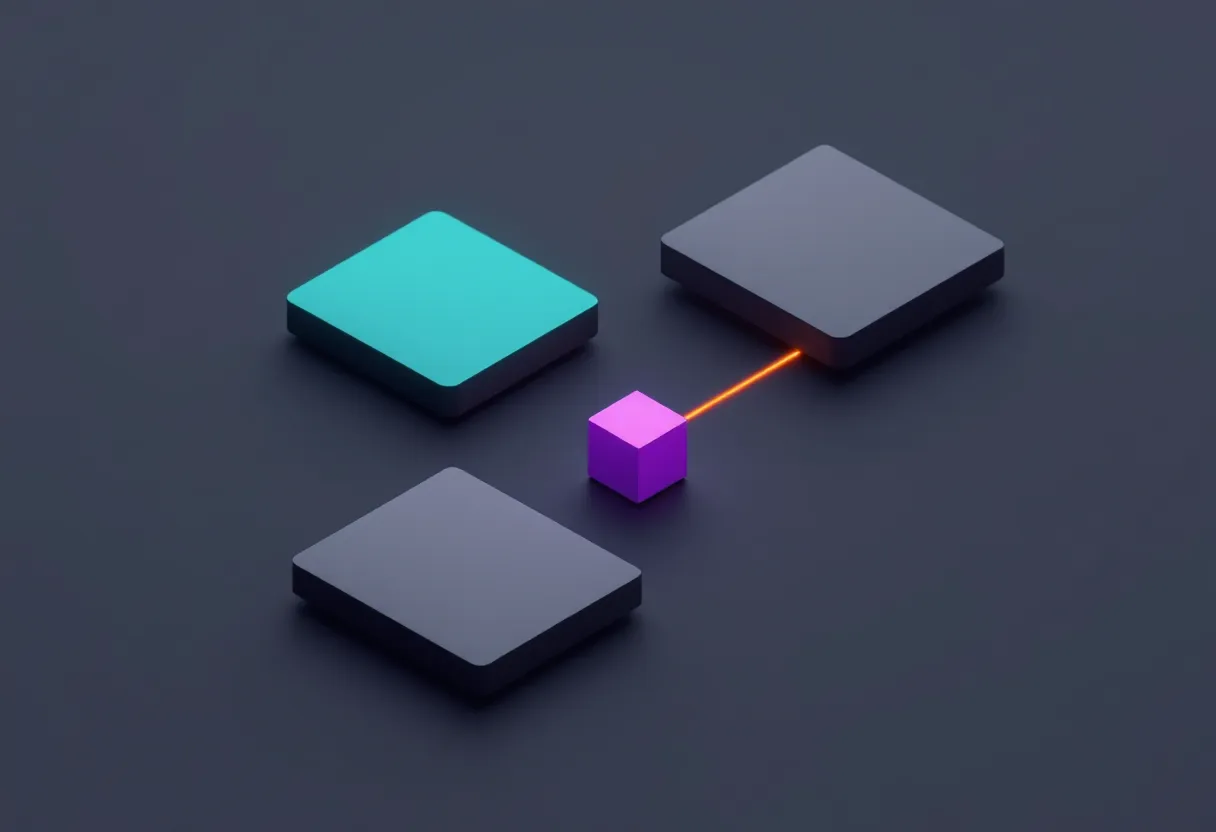 Dark isometric illustration of three flat dark gray panels, one glowing teal, arranged around a small glowing purple cube connected to a dark panel by a single amber line, on an empty dark charcoal background.